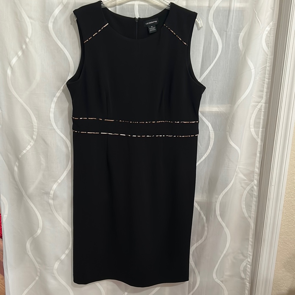 Liz Claiborne Sleeveless Black Dress With Animal Print Trim, Size 16